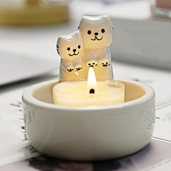 sunsanly Ceramics Couple Cat Candle Holder Warming Paws Kitten Tea Scented Candle Candlestick Living Room Bathroom Desktop Decoration Christmas Gift