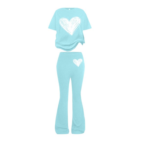 EnJoCho Girls Heart 2 Piece Outfit Set Kids Short Sleeve Top Baggy Legging Flared Pants Cute Graphic Casual Outfit School Trendy Little Girls Linen Short Sleeve Pants Outfit