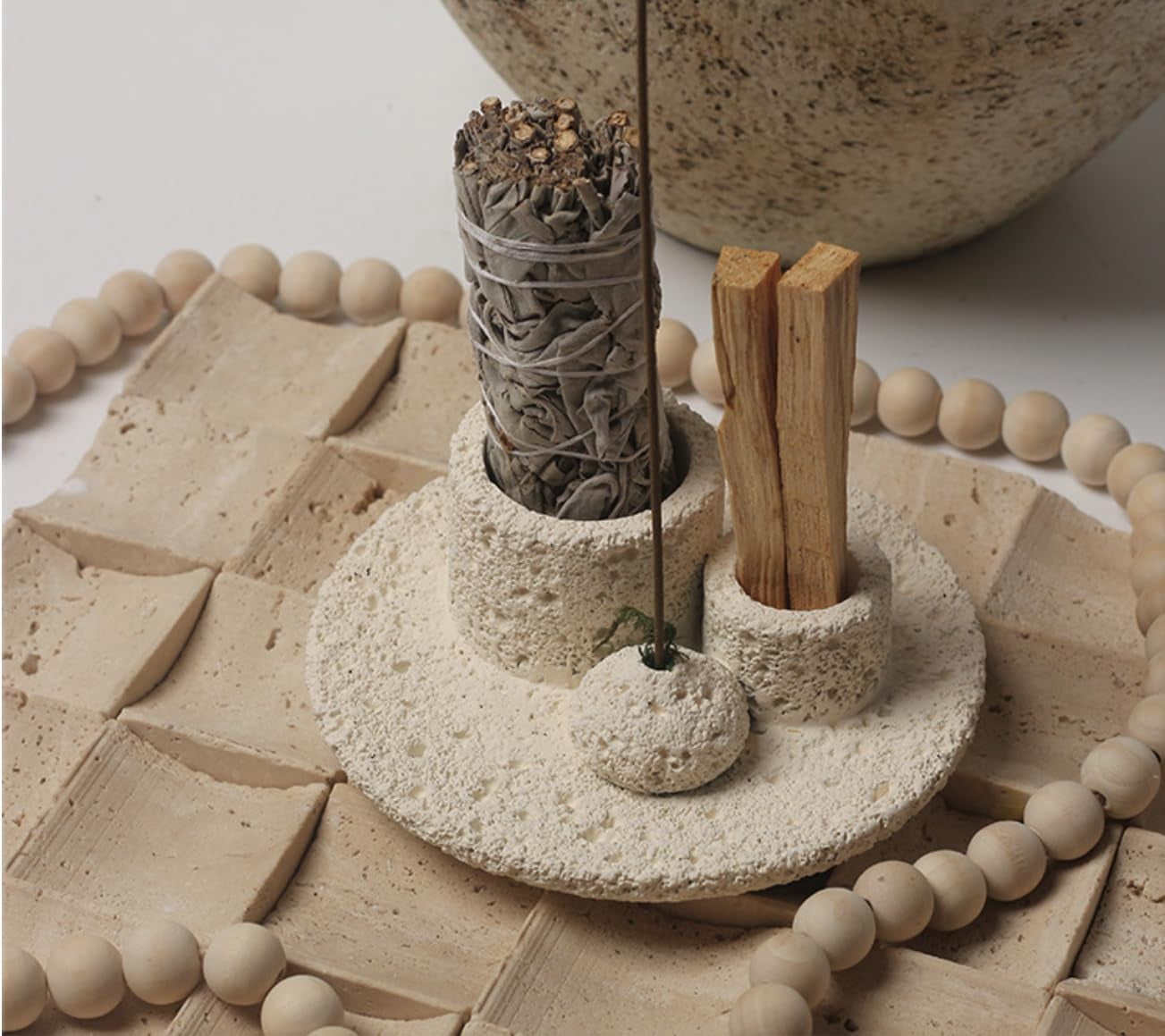 ABPETE 4-in-1 Cement Holder for Incense Sticks, Palo Santo, Sage Sticks & Candles - Multi-Purpose Burner for Aromatherapy & Meditation (Creamy)