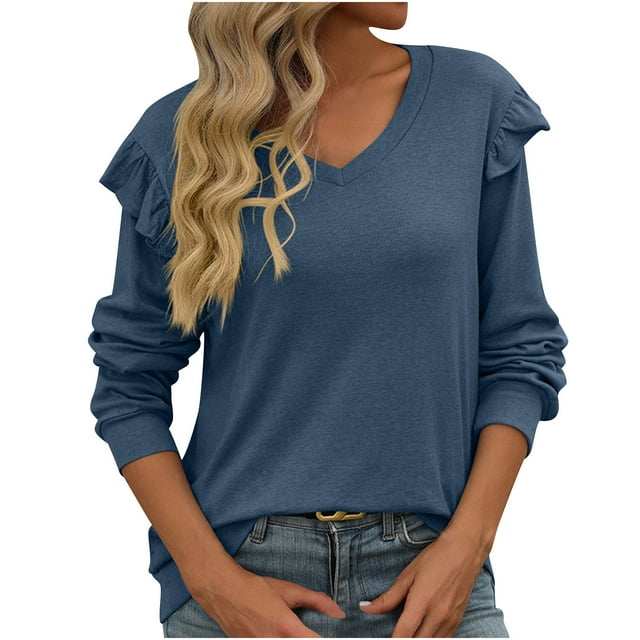 Timegard Fall Tops for Women Ruffle Long Sleeve V Neck T Shirts Casual Solid Color Comfy Blouses