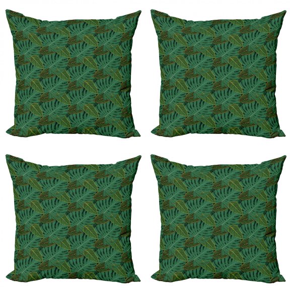 Leaves Throw Pillow Cushion Case Pack of 4, Continuous Monstera Exotic Tropical Leaf in Dark Forest Tones Pattern, Modern Accent Double-Sided Print, 4 Sizes, Hunter Green Multicolor, by Ambesonne
