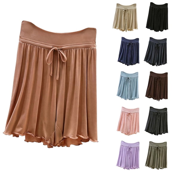 SROBPTY Womens Pajama Shorts Solid Drawstring Elastic High Waist Wide Leg Pants