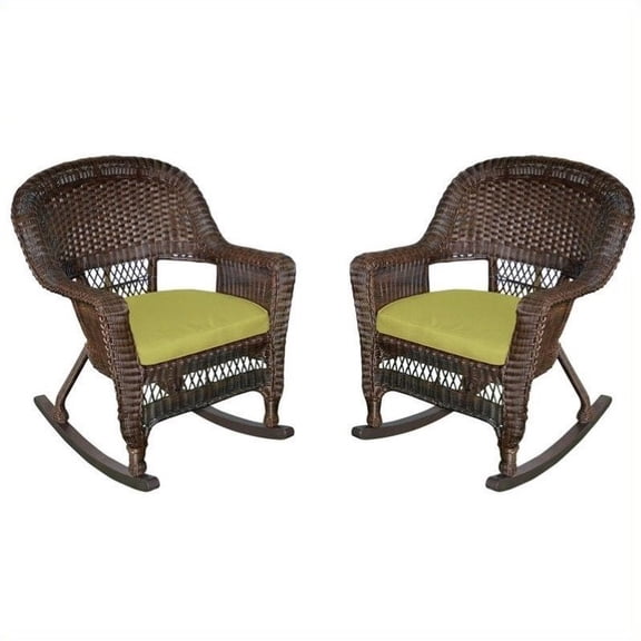 Jeco Wicker Chair in Espresso with Green Cushion (Set of 4)