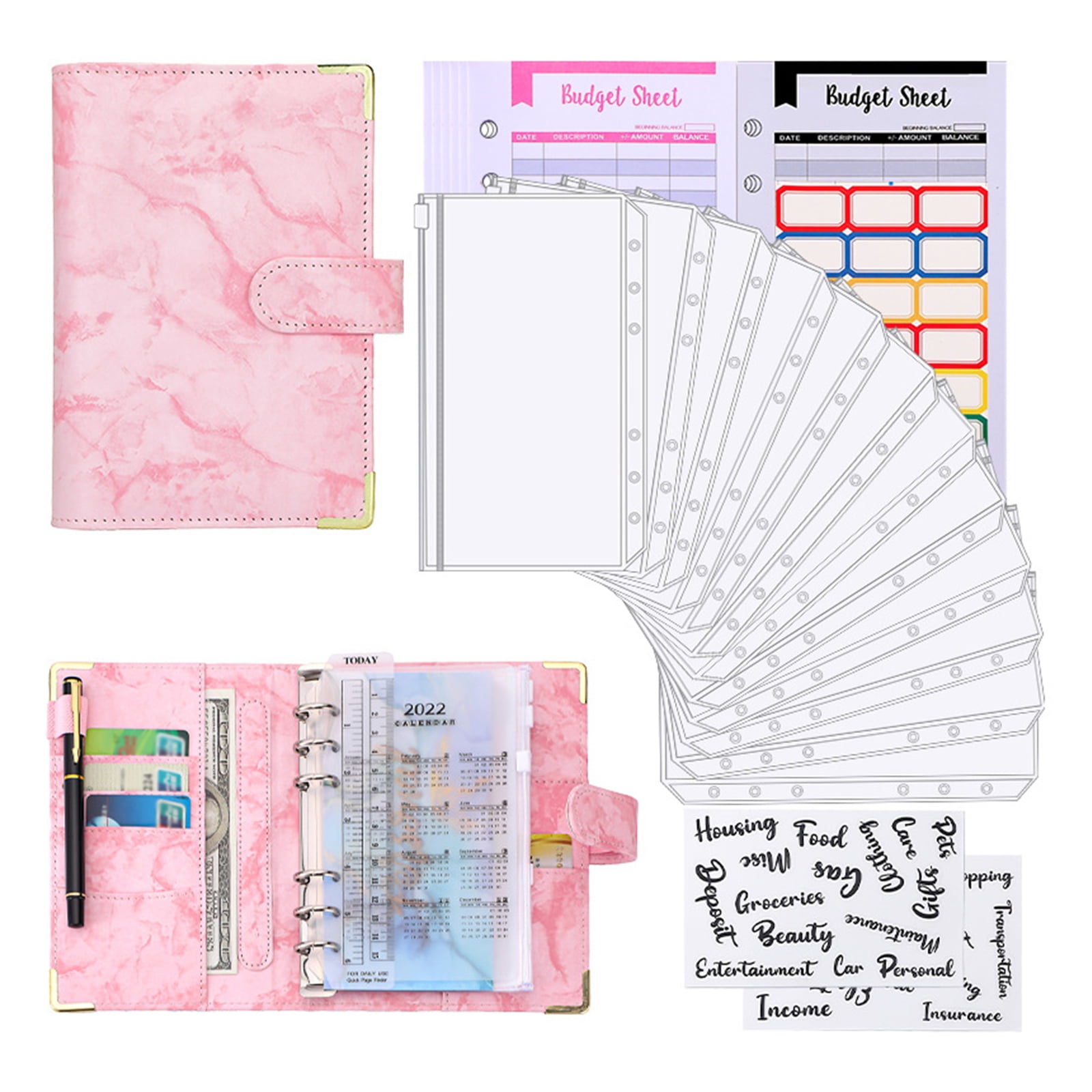 Pattern A6 PU Leather DIY Binder Notebook Cover Agenda Planner Paper Cover  Zipper Envelope,Pink 