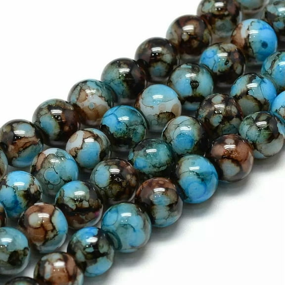 U8MO 50 Crackle Glass Beads 6mm Blue Brown Veined Bulk Jewelry Supplies Mix Unique