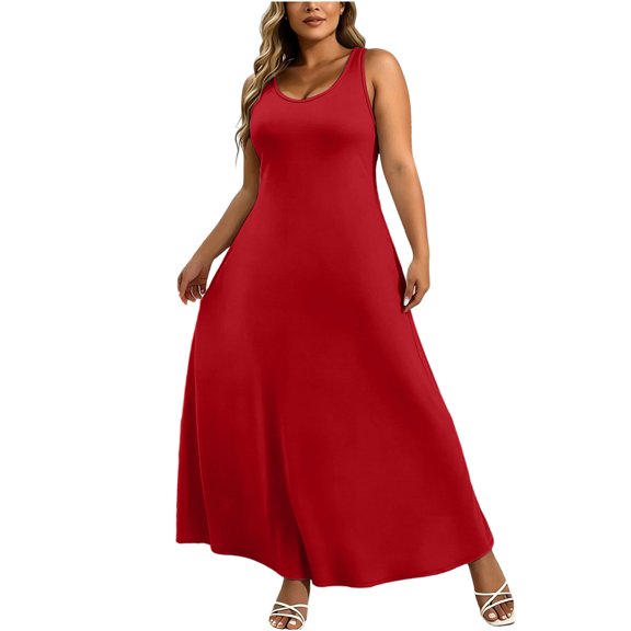 Bosfbaoi Plus Size Dresses for Women Flowy A-Line Maxi Dress Scoop Neck Sleeveless Womens Dresses Casual Solid Tank Dress Summer Dresses for Women 2026