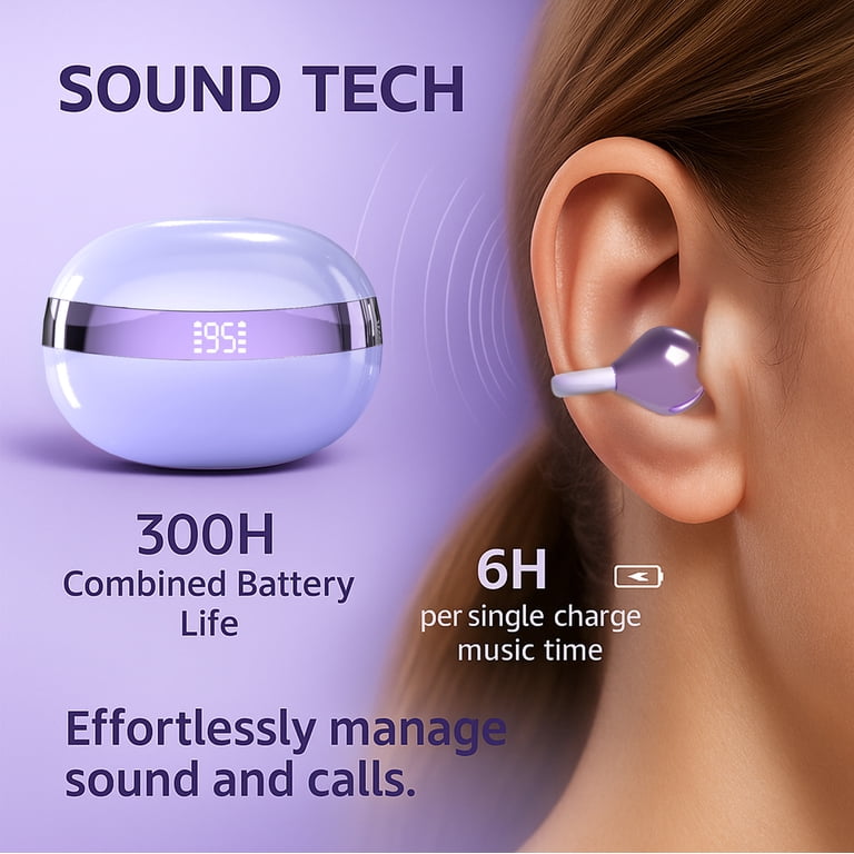 Bluetooth 6.0 Open-Ear Clip-On Wireless Earbuds, ENC Noise