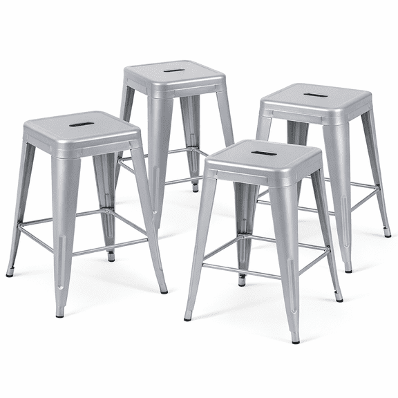 Moonlight Silver Metal Bar Stools Set of 4, 24 Inch Sleek Steel Counter Stools, Metallic Silver Stackable Barstools for Contemporary Kitchen & Patio, Easy to Clean Metal Chairs
