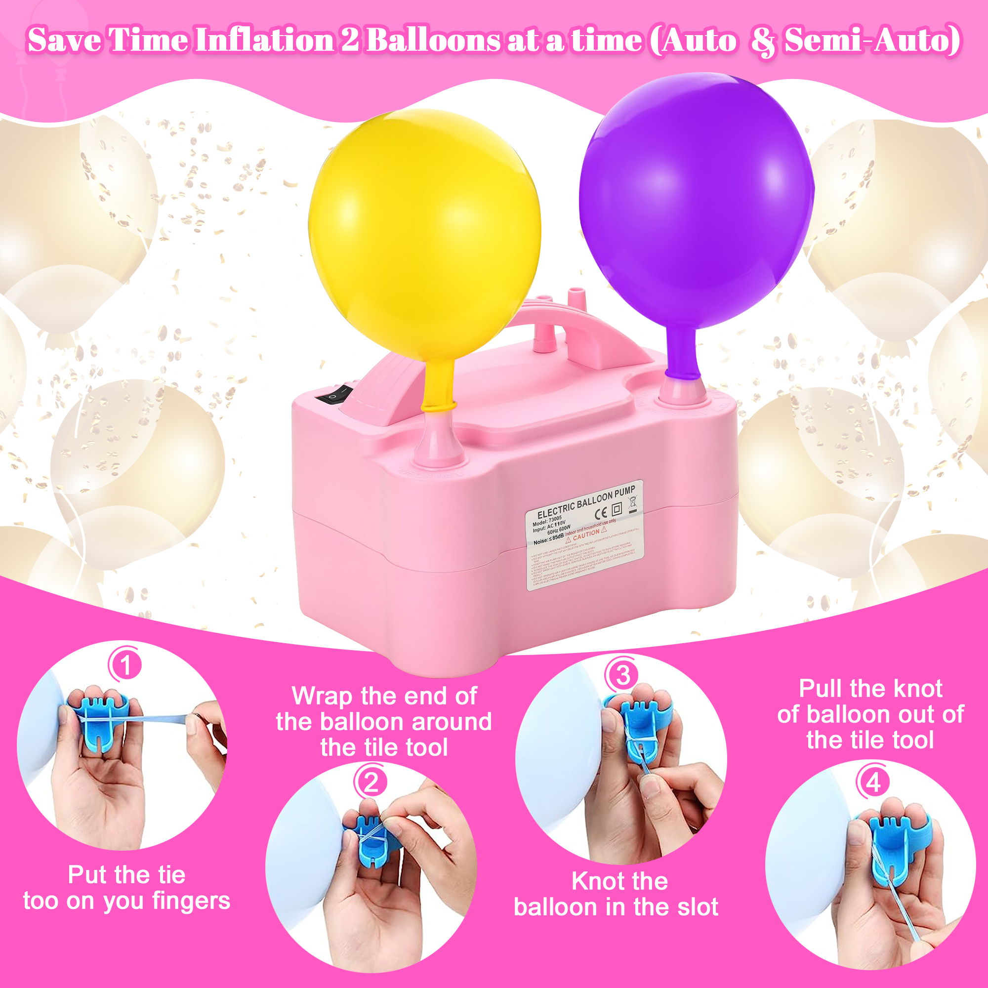 IZNEN Electric Balloon Pump, Portable Dual Nozzle Blower Air Balloon Pump & Inflator for All Balloons Party Wedding Decoration 110V, 600W, Pink - image 3 of 8