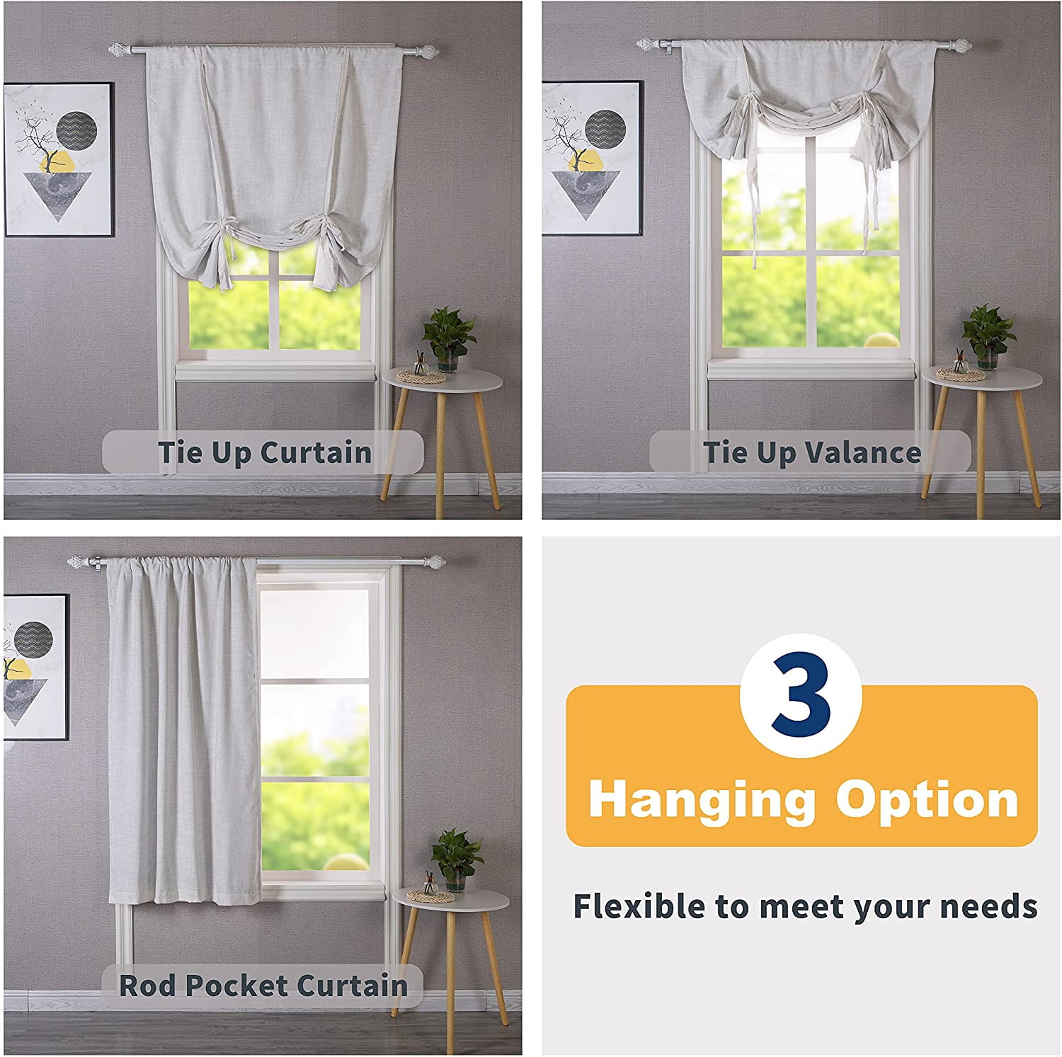 DriftAway Blackout Linen Textured Solid Basic Room Darkening Tie Up Curtain Adjustable Balloon Rod Pocket, 31" x 47", Ivory