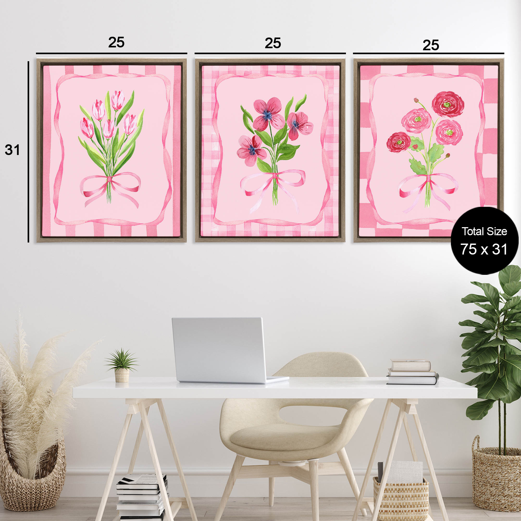 Pretty & Sweet Bordered Flowers 3 Piece Brown Framed Floater Canvas Set, design by Nina Jacobs