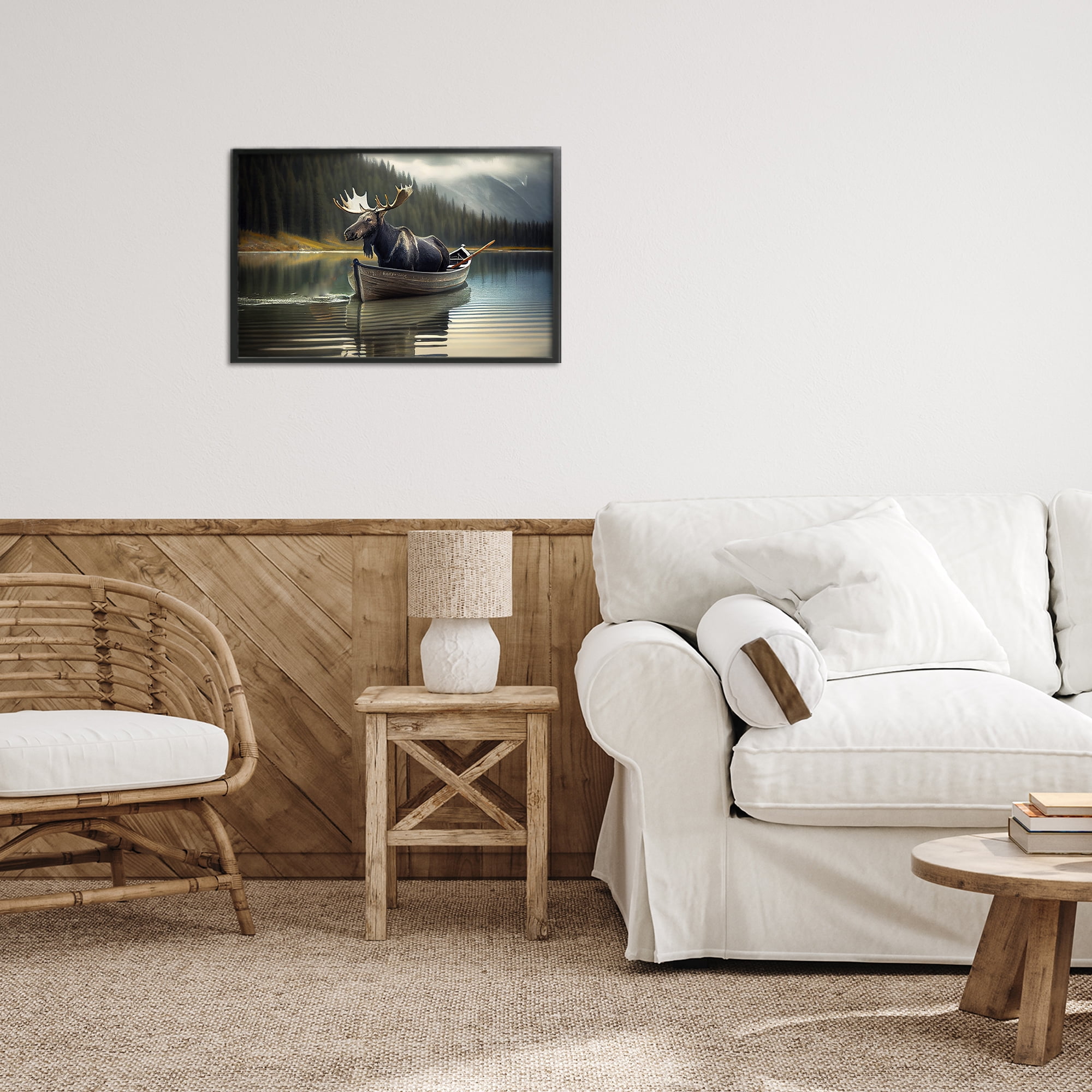 Moose in Canoe Tranquility Black Framed Giclee Art, design by Sasha