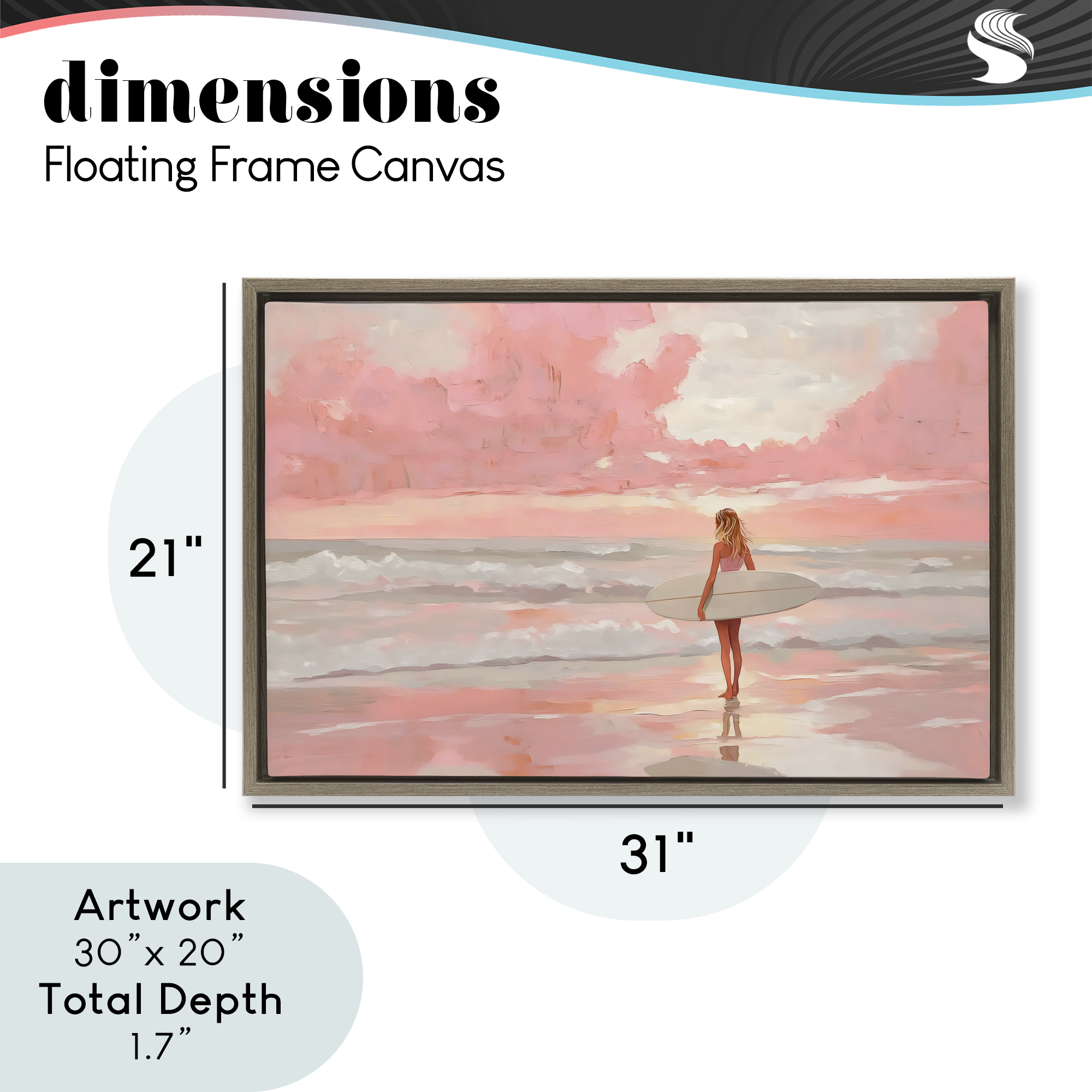 Pink Sky Surfer Brown Framed Floater Canvas Wall Art, design by LSR Design Studio