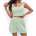 thumbnail image 4 of JIAYUE Women 2 Piece Outfits Sets Casual Summer Sleeveless Scoop Neck Solid Color Crop Top And High Waisted Shorts Female Trendy Clothing Set, 4 of 5