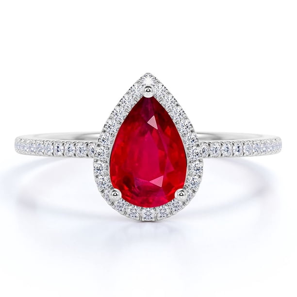 JeenMata Anillo de Compromiso con Piedra Natal de Julio en Corte de Pera de 1 Quilate - Anillo de Bodas - Anillo de Halo - Anillo Pavé - Anillo de Promesa - Baño de Oro Blanco de 18 K sobre Plata