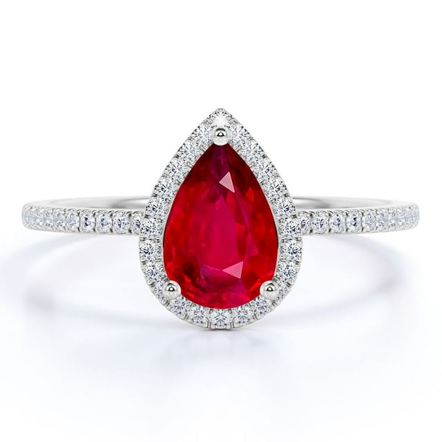 JeenMata Anillo de Compromiso con Piedra Natal de Julio en Corte de Pera de 1 Quilate - Anillo de Bodas - Anillo de Halo - Anillo Pavé - Anillo de Promesa - Baño de Oro Blanco de 18 K sobre Plata