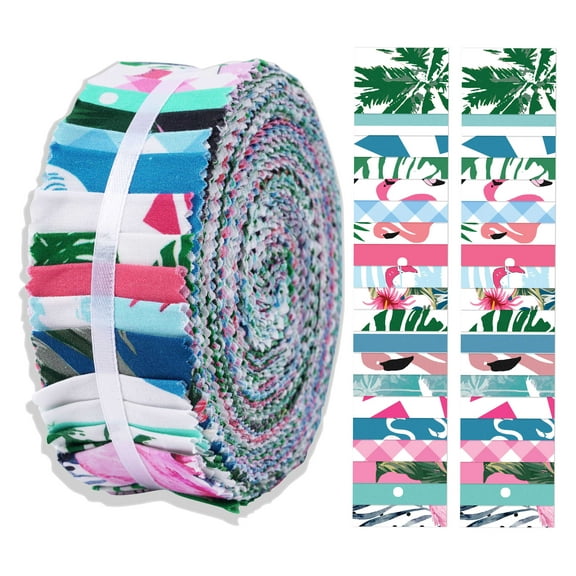 Soimoi 40Pcs Tropical Theme Flamingo Print Precut Fabrics Strips Roll Up 1.5x42inches Cotton Jelly Rolls For Quilting - Pink, Blue & Green