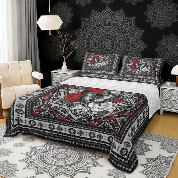Erosebridal Chic Butterfly Full Size Sheets, Bohemian Aztec Mandala Bed Sheets, Black Gray Red, 4 Pieces 1 Flat Sheet, 1 Fitted Sheet and 2 Pillowcases
