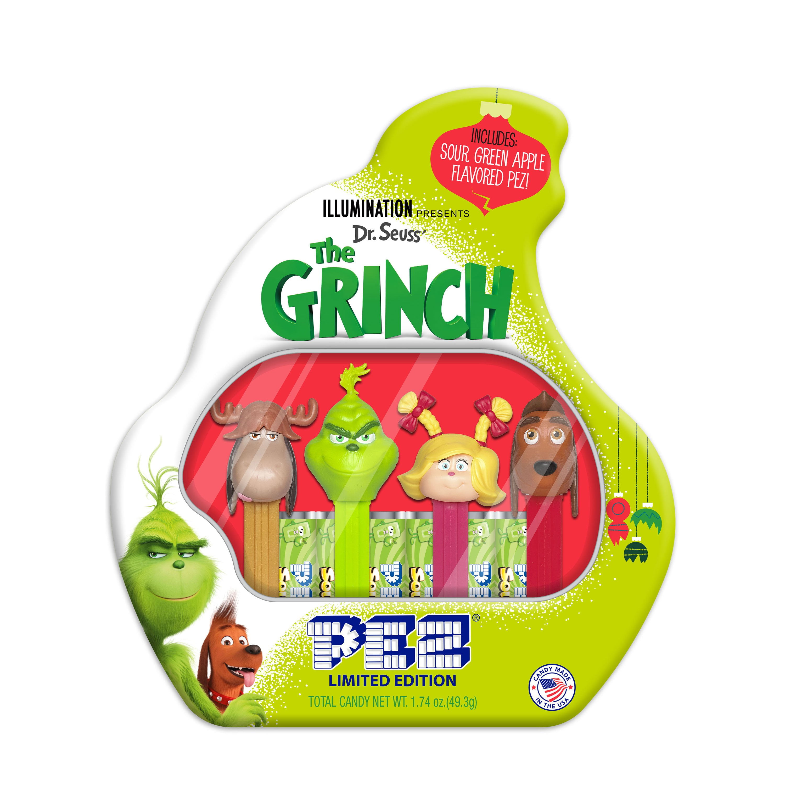PEZ GRINCH Gift Set Includes GRINCH & MINI MAX  W/ 6 Rolls of Candy 
