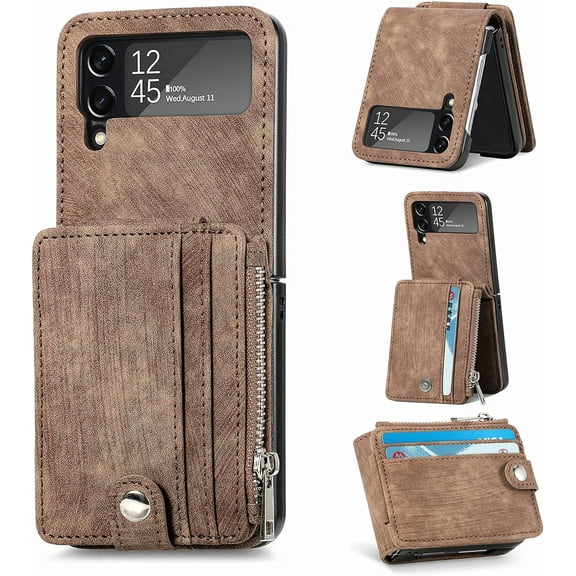 2 in 1 Wallet Case for Samsung Galaxy Z Flip 3 5G, Durable PU Leather Detachable Magnetic Zipper Pouch Purse Cover for Galaxy Z Flip 3 Case with Card Slots Stand Holder,Brown