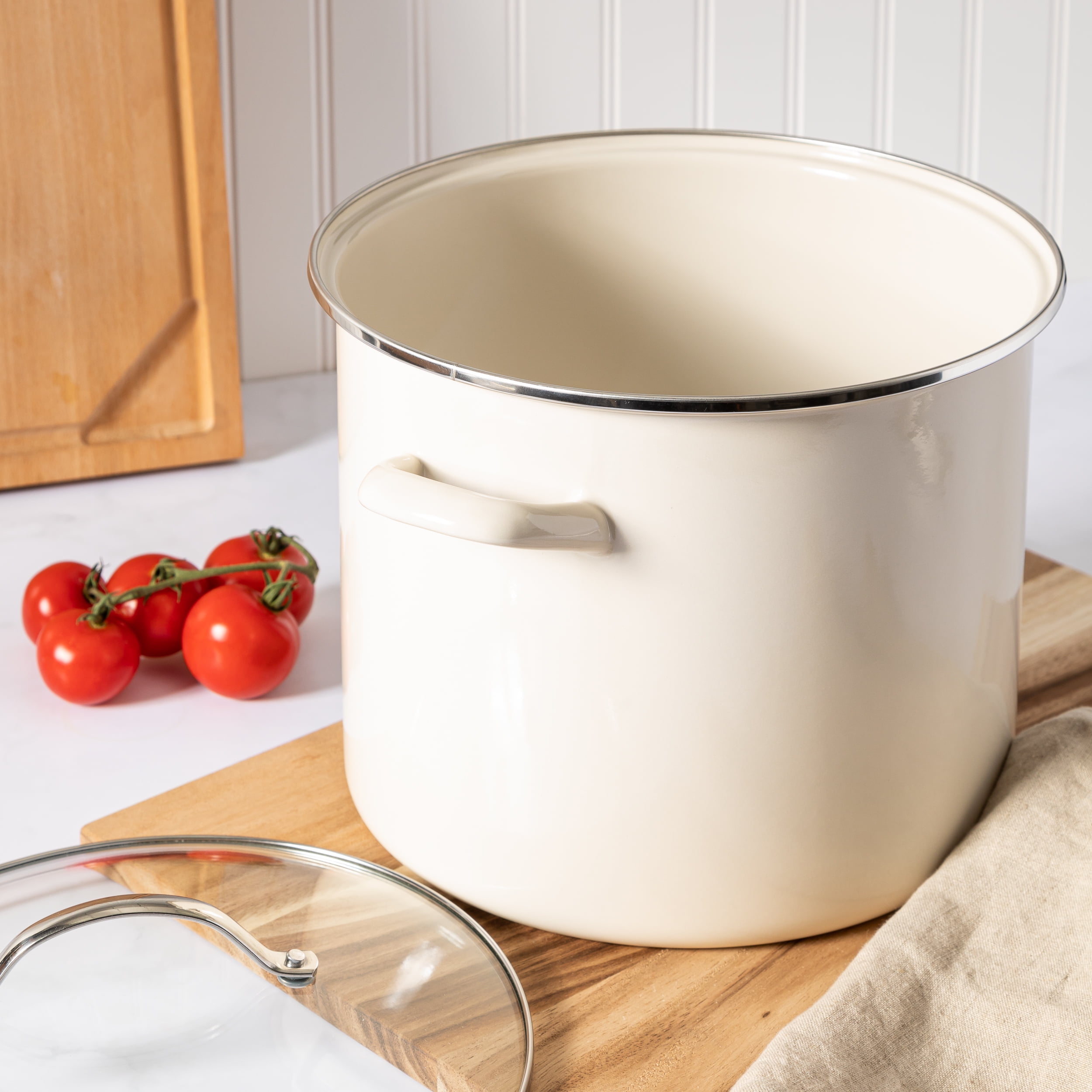 Martha Stewart Haverhill 12-Quart Enamel Stock Pot Oven Safe with Glass Lid, Linen