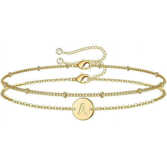 Gold Initial Bracelets for Women  Dainty 14K Gold Filled Layered Beaded Letter Initial Bracelet Personalized 26 Alphabet Disc Monogram Charm Bracelet Jewelry Gifts for Girls