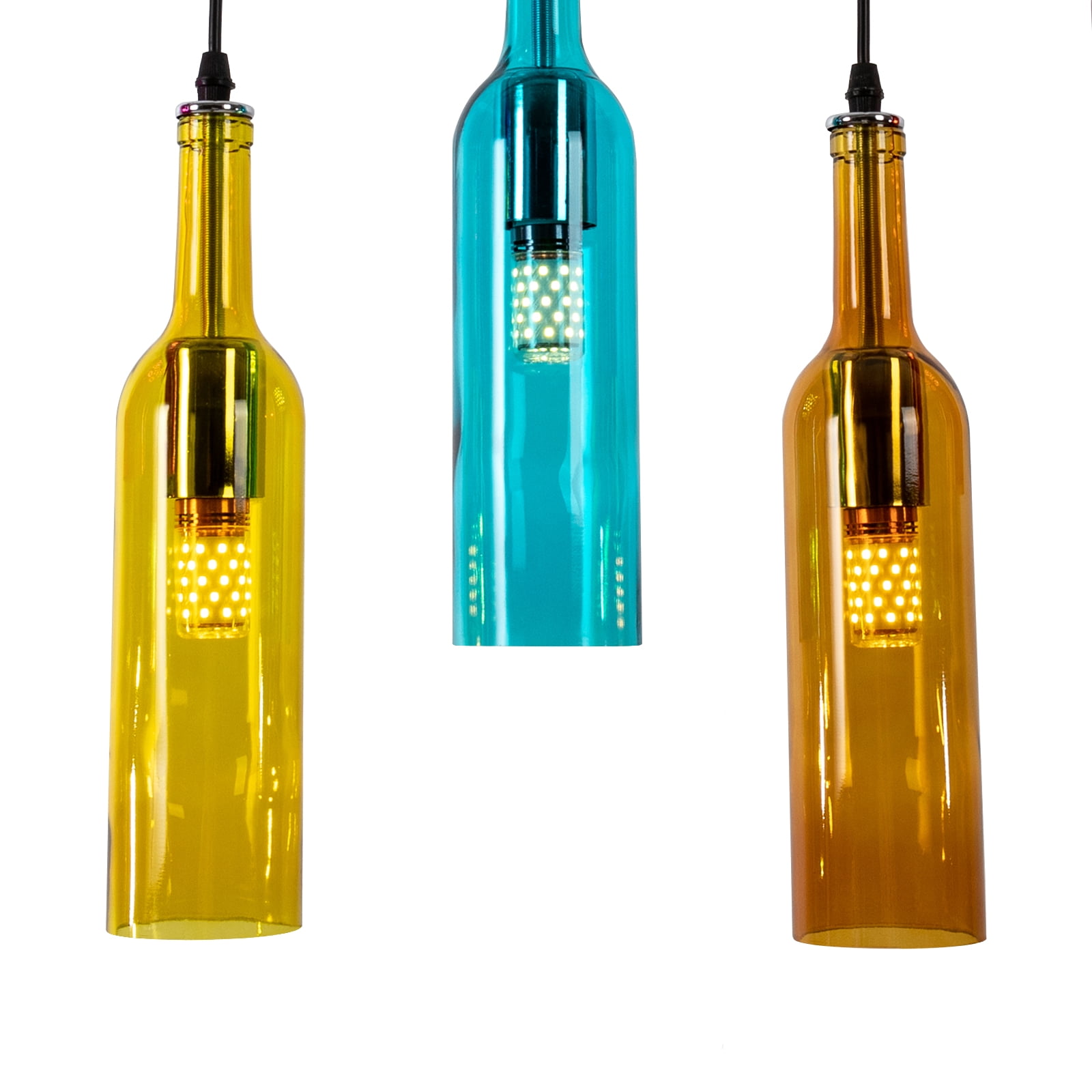 5-Light Kitchen Island Linear Pendant Light with Glass Colored Shade, Modern Wine Bottle Chandelier, Adjustable Height