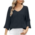 thumbnail image 3 of Ahuyic Womens Plus Size Top, Casual 3/4 Sleeve Blouse For Autumns And Winter, Womens Fashion Casual Solid Color V-Neck Lozenge Hollowed Out Horn 3/4 Sleeve Loose T-Shirt Top, 3 of 8