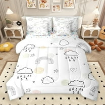 Manfei Stripes Lines Rainbow 7pcs Bedding Comforter Set,Kawaii Clouds Stars Queen Bedding Sets,White Black Queen Sheet Sets For Princess,Ultra Soft Home Decor Reversible
