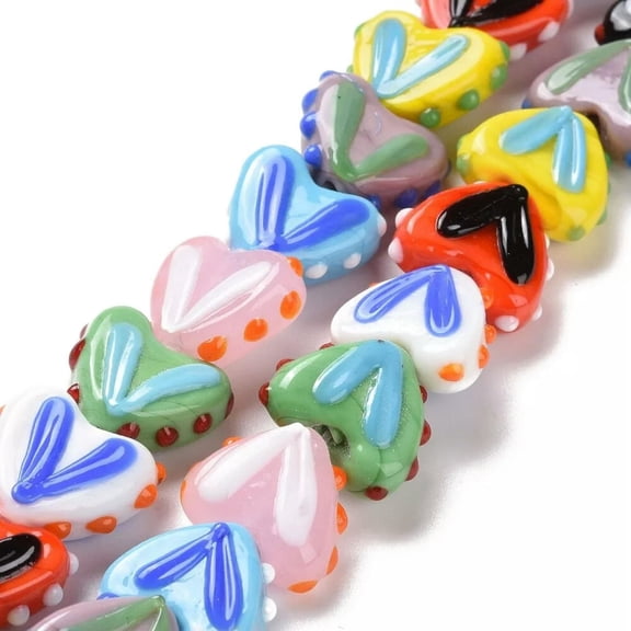 GKNET 1strand (30pcs) Lampwork Beads Heart-Shaped Multi-Colored Glass Loose Bead