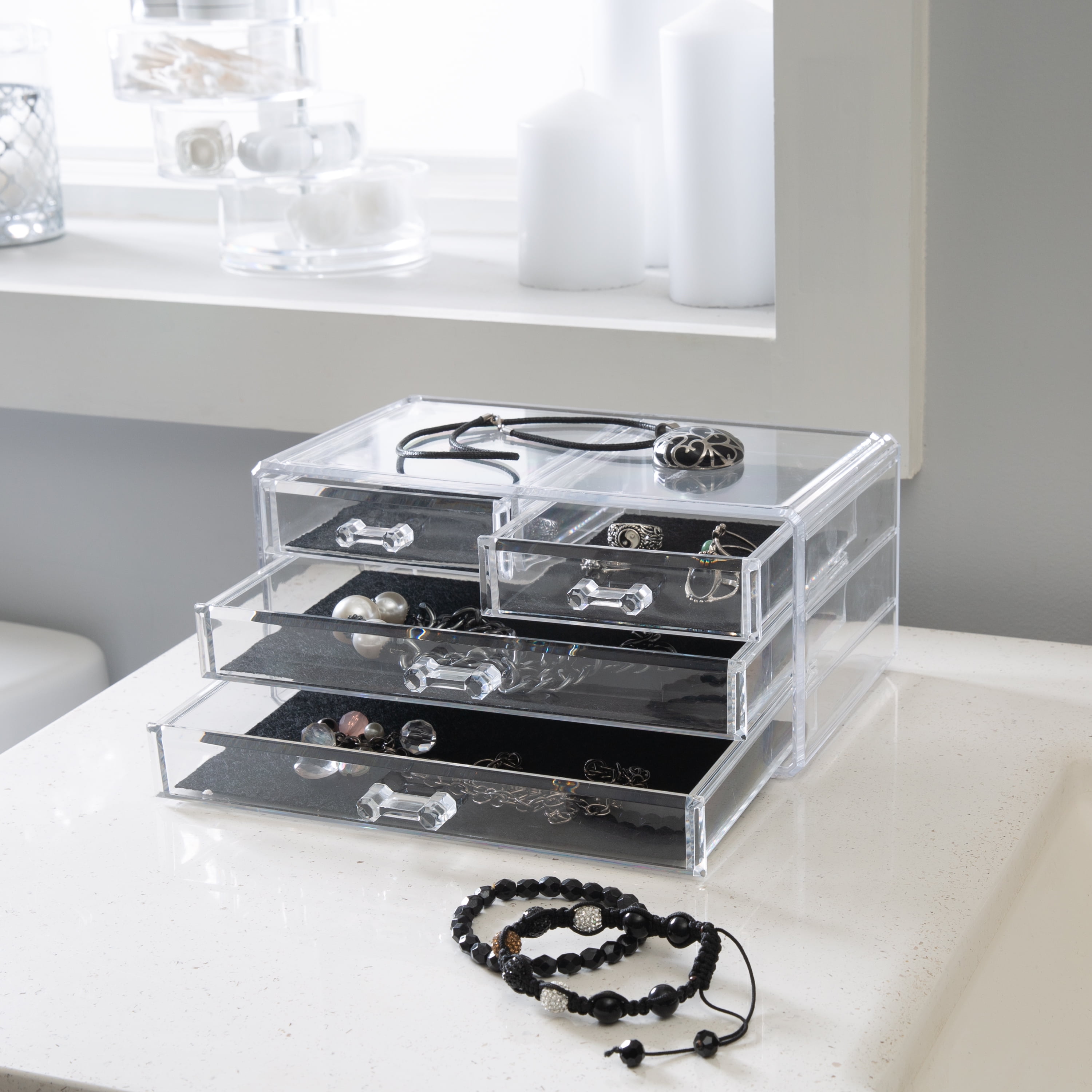Simplify 3 Tier, 4 Drawer Plastic Cosmetic and Jewelry Organizer Chest in Clear