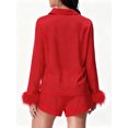 thumbnail image 5 of LMLYSoH Women's Satin Outfits Solid Color Lapel Long Sleeve Tops with Feather Cuffs + Shorts Set Fashion Clothes, 5 of 8