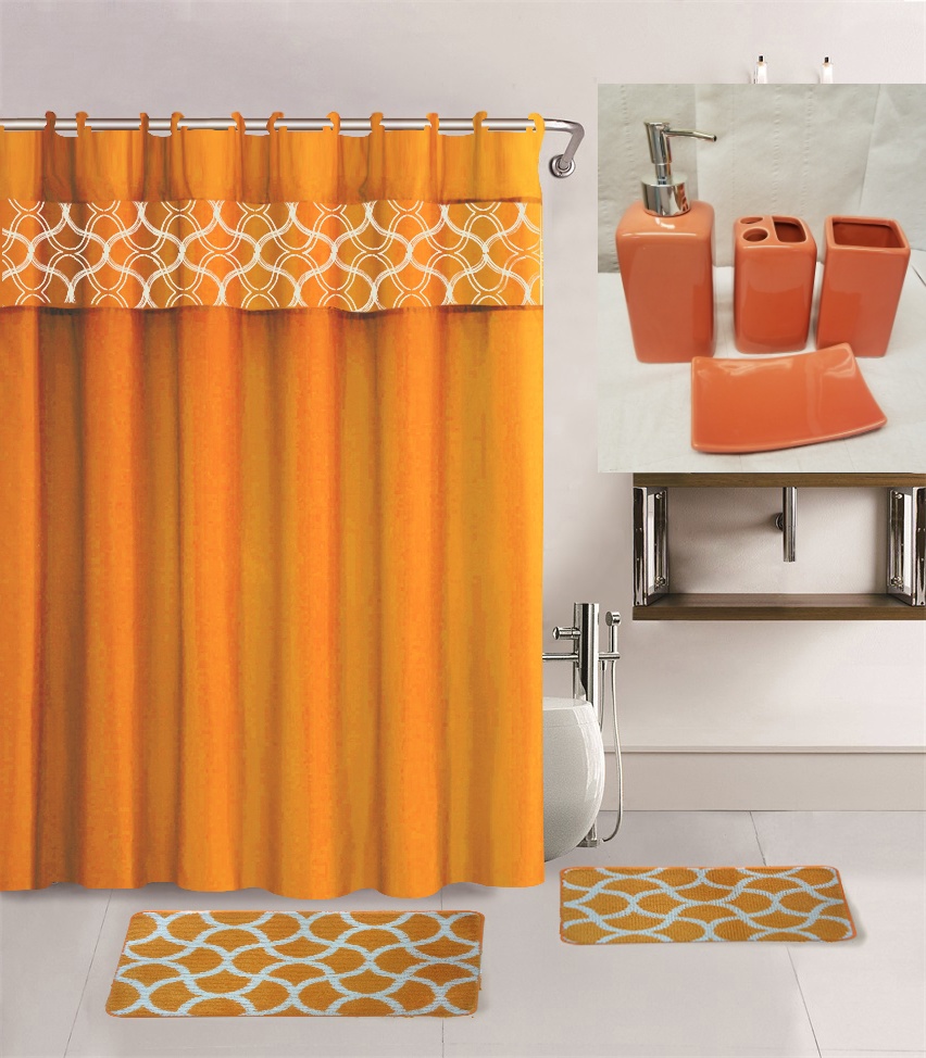 Bathroom Set Geometric Orange Print Design 19 pieces With NonSlip 2