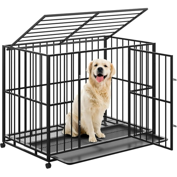 Senfot 42" Heavy Duty Dog Crate for Medium Dogs, Stainless Steel Escape-Proof Kennel with Wheels & Removable Tray, Indestructible Cage, Stackable for Medium Small Dogs