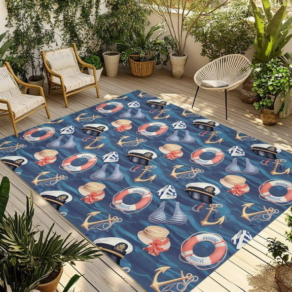 Fsddascl Navy Blue Coastal Outdoor Rug for Patio/Deck/Porch, Non-Slip Large Area Rug 4 x 6 Ft, Nautical Summer Beach Ocean Sea Indoor Outdoor Rugs Washable Area Rugs, Reversible Camping Rug Carpet