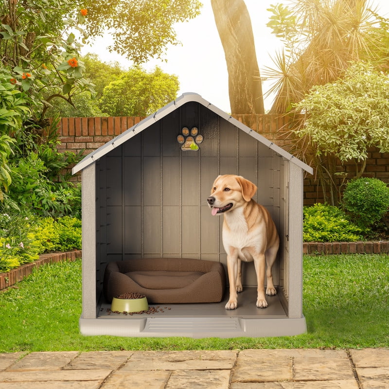 Bifanuo Durable Dog House, Indoor Outdoor Wateproof Doghouse, Pet Plastic Dog kennel for Small Medium Dogs,Grey and Blue ,29.9L x 32.3W x 32.5H Inchs