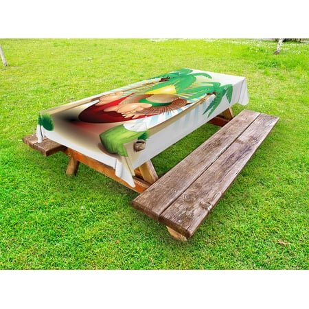 Hammock Table Beach Outdoor Tablecloth, Cute Illustration Relax Exotic Summer Holidays on Hammock Theme Hot Paradise Lands, Decorative Washable Fabric Picnic Tablecloth, 58 X 104 Inches, Multicolor, by Ambesonne ()