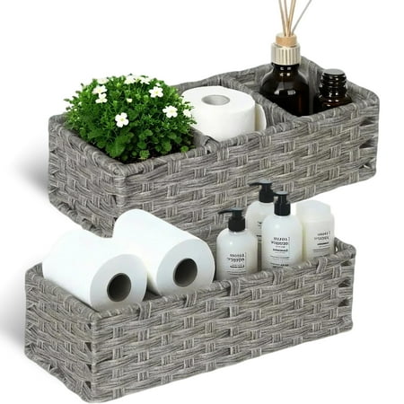 PinkSheep Wicker Toilet Storage Basket  2 Pack Woven Water Hyacinth Toilet Paper Tank Topper Baskets Set for Shelves  Gray