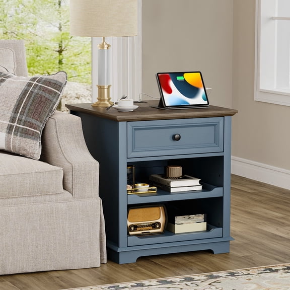PLAMLE End Table for Living Room with Drawers Storage Retro Sofa Side Table with Charging Station Wooden Nightstand End Table
