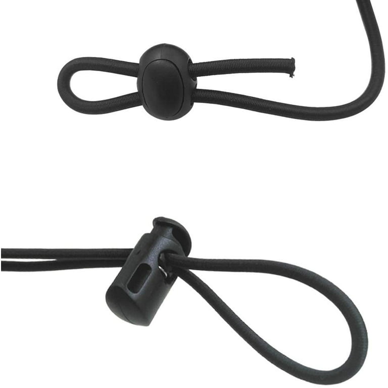 DaKuan 20 Pcs Plastic Cord Locks & Elastic Bungee Nylon Shock Cord 5/32 inch 50 ft Lengths, 10 Pcs Sing-Hole, 10 Pcs Double-Hole (Black) End Spring