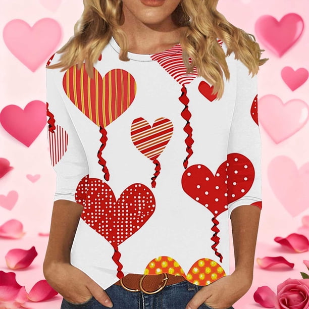 RKSTN Valentines 3/4 Sleeve Tops for Women Oversized Crewneck Valentine's Day Graphic Printed Short Sleeve T Shirt Womens Casual Round Neck Loose Comfy Loves Heart Print Three Quarter Sleeve Shirts