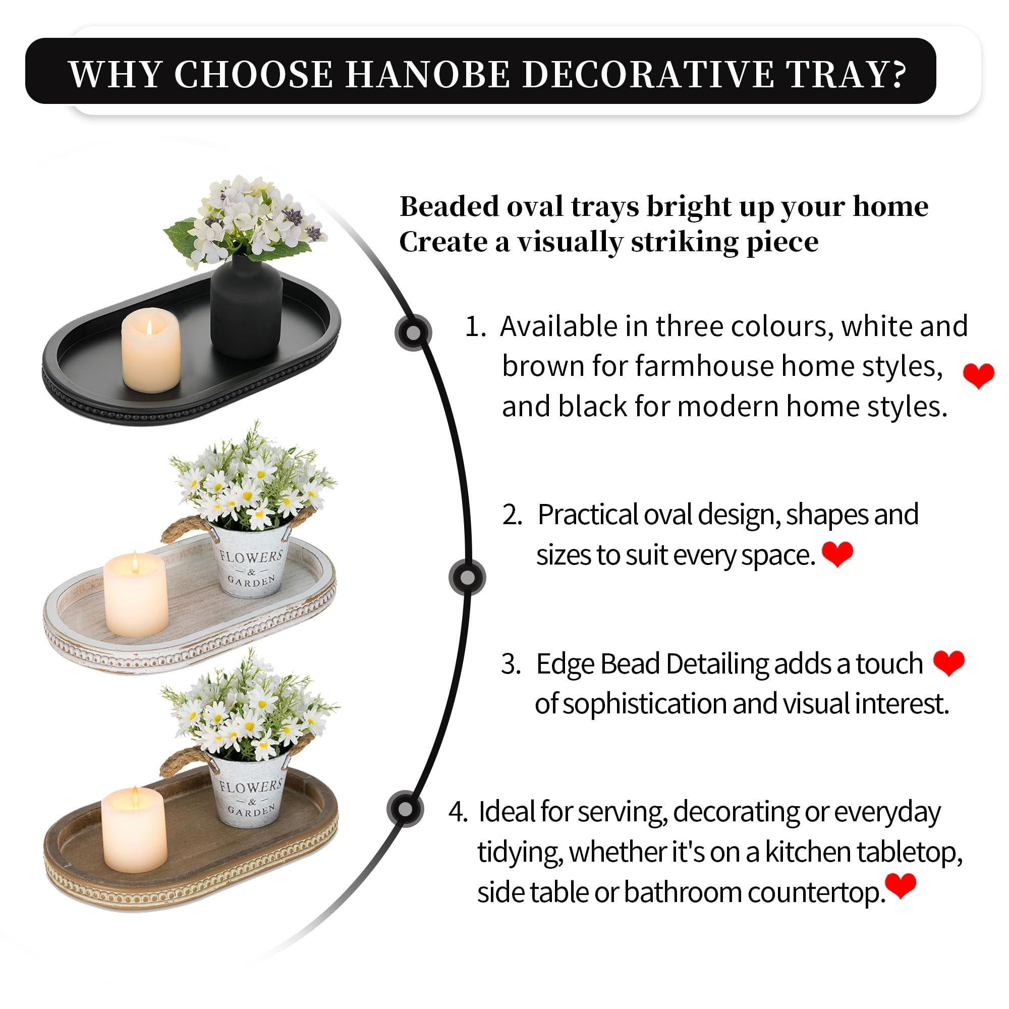 Hanobe Beaded Decorative Candle Holder Tray: Black Oval Wooden Tray Coffee Table Centerpieces for Ottoman Dining Living Room