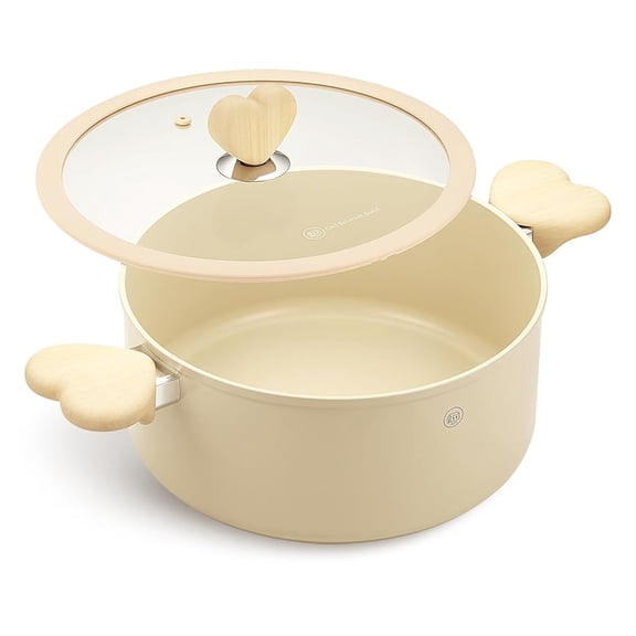 6 Quart Nonstick Stock Pot with Lid, Soup Pot with Heart-Shaped Cool-Touch Handles, Induction Compatible, Cream White