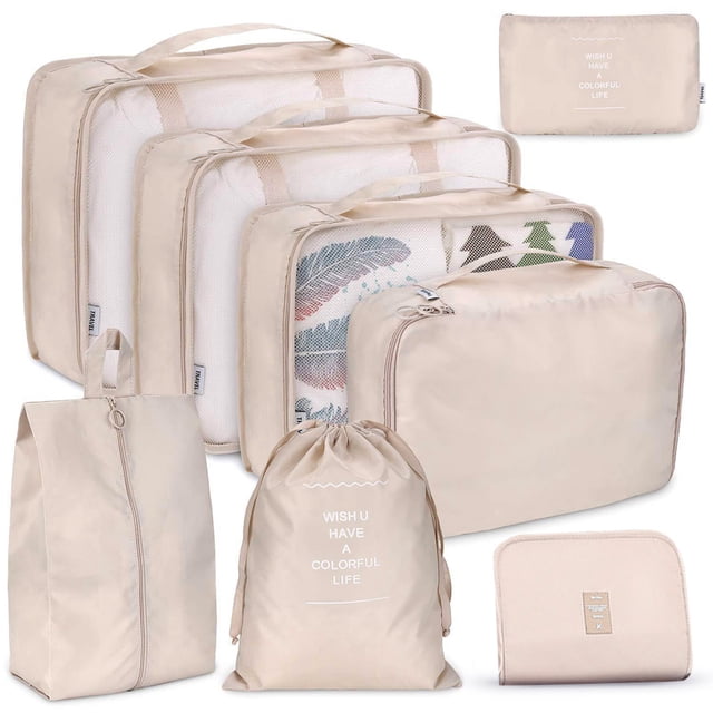 8-Piece Polyester Storage Organizer Set: Versatile Travel & Home Solution with Shoe Bag, Drawstring Pocket, Flat Pouch, Hangable Wash Bag, Underwear Case, and 3 Sizes of Clothing Bags – Available in