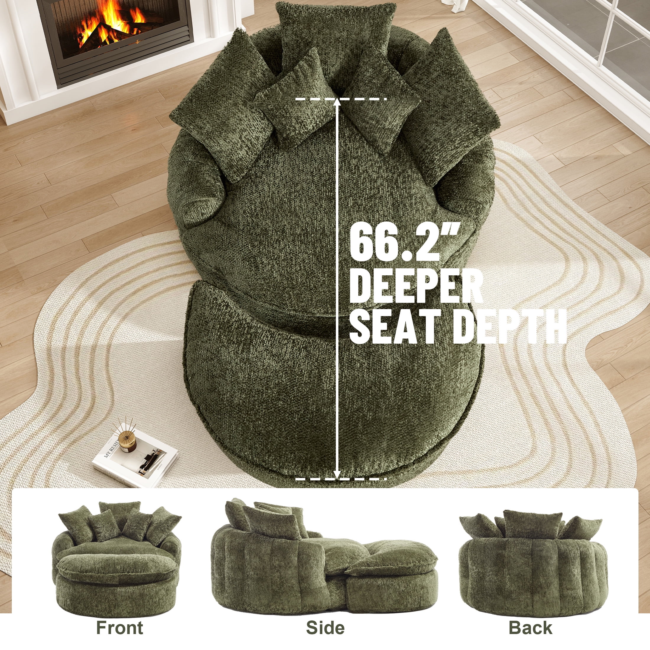 Aukfa 75" Oversized Round Chaise Lounge Chair with Half Moon Ottoman, Boneless Cloud Circle Deep Seat Sofa Set for Living Room, 5 Pillows, No Assembly Required, Olive