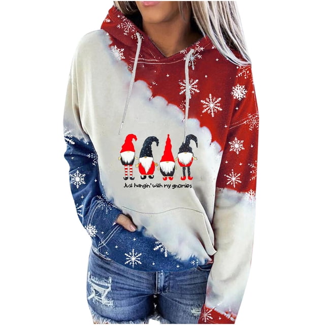 WZXFASHION Chandail à Capuchon à Blocs de Couleur Imprimé de Noël pour Femmes à Manches Longues, Chandail Décontracté à Enfiler, Haut de Chandail Décontracté pour Femmes Automne/hiver, Liquidation, Chandail à Col Roulé