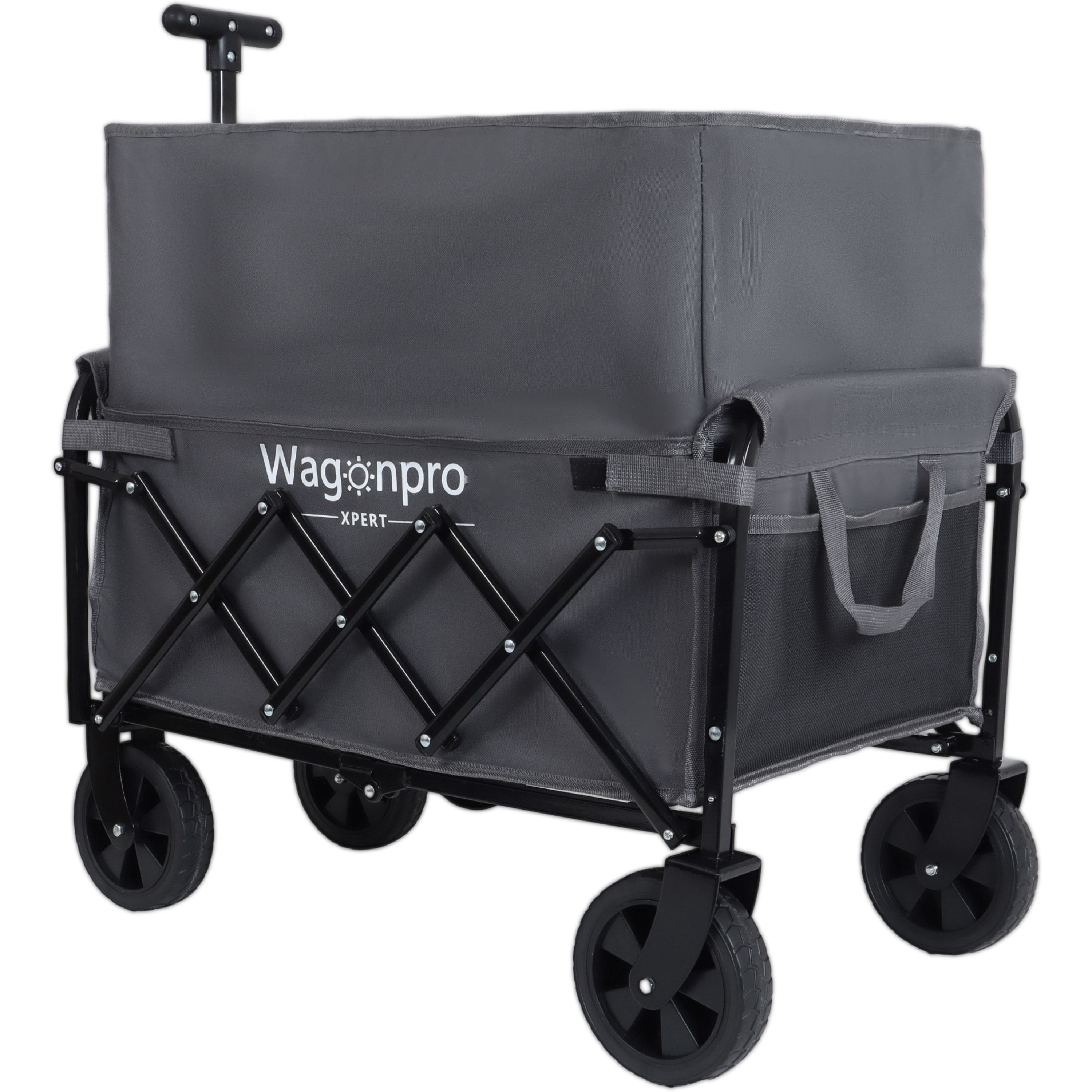 Dual-Layer Collapsible Wagon Cart with Expandable Storage 360° Swivel Wheels Heavy Duty Foldable Outdoor Utility Wagon for Beach Camping Garden
