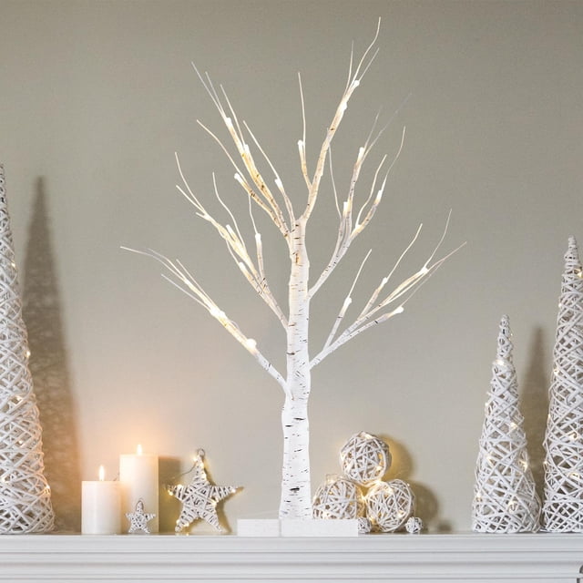 2FT/24” Birch Tree Light with 24LT Warm White LEDs Battery Powered Timer, Artificial Tabletop Tree Light Money Tree Wedding Desk Table Easter Decor Christmas Tree Christmas Decorations