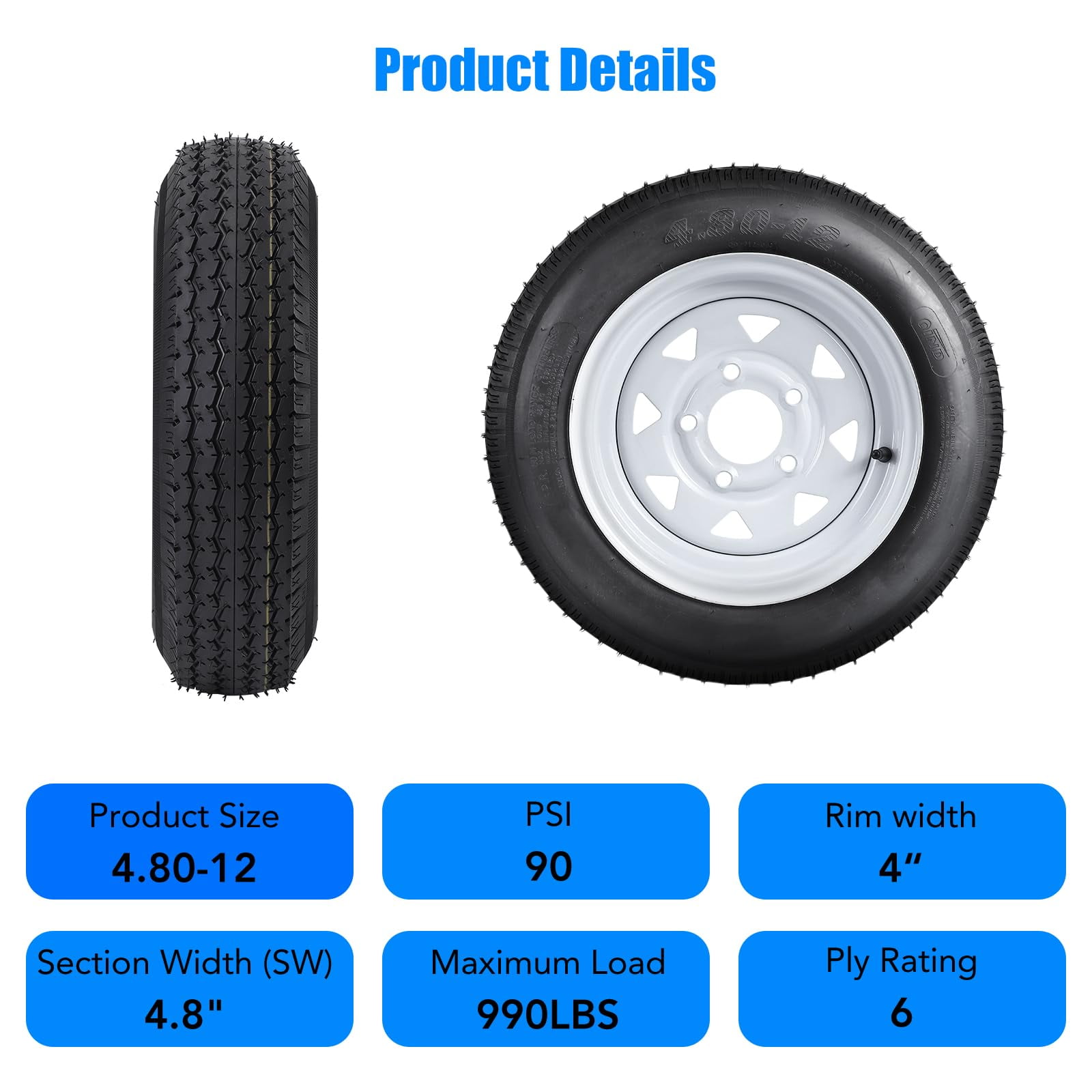 Garvee Set of 2 4.80-12 4.80x12 480-12 4.80-12 Trailer Tires with 12" Rims, 5 Lug on 4.5", Load Range C 6PR