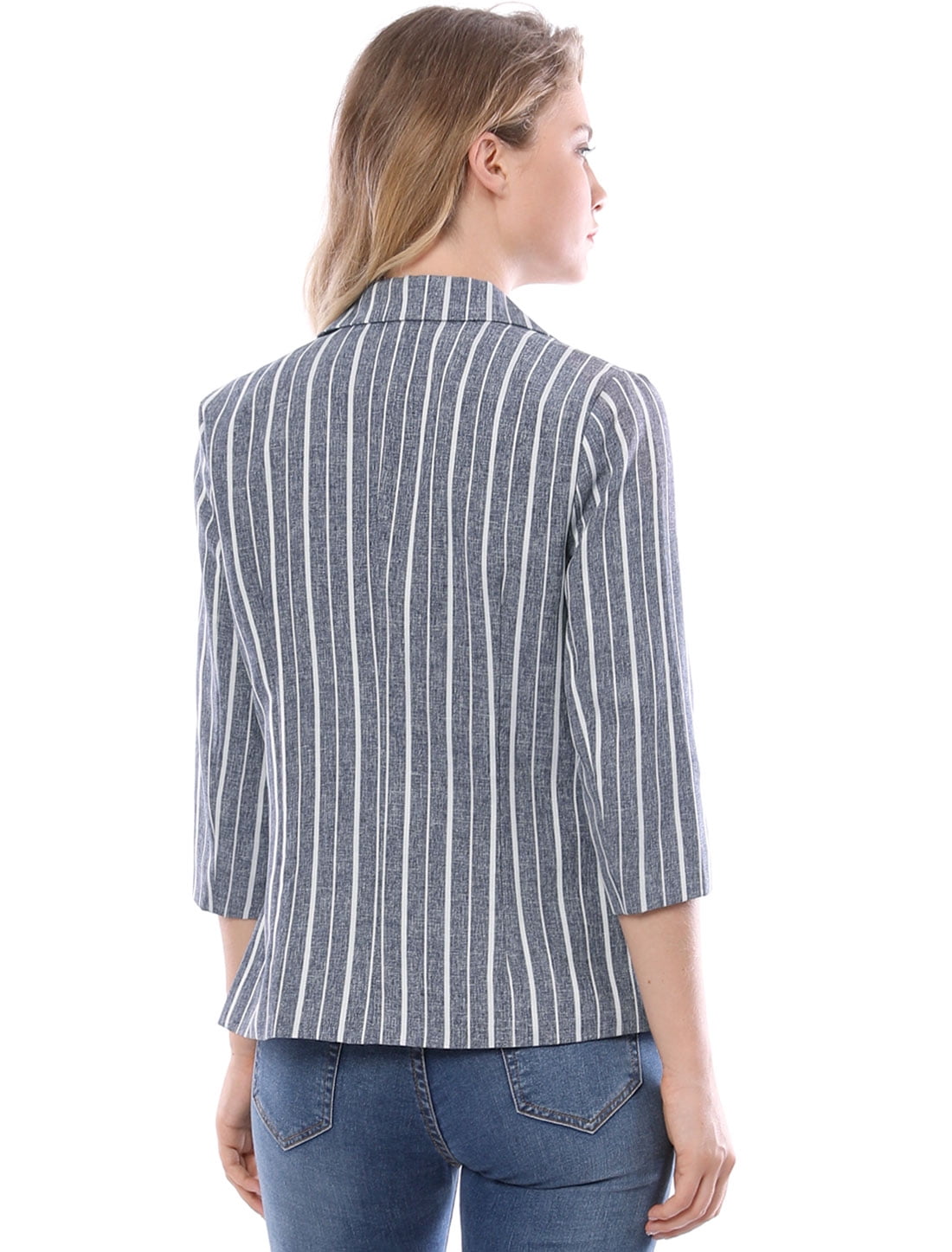 DARING DIVA Women's Striped Open Front Notched Lapel Blazer S Blue